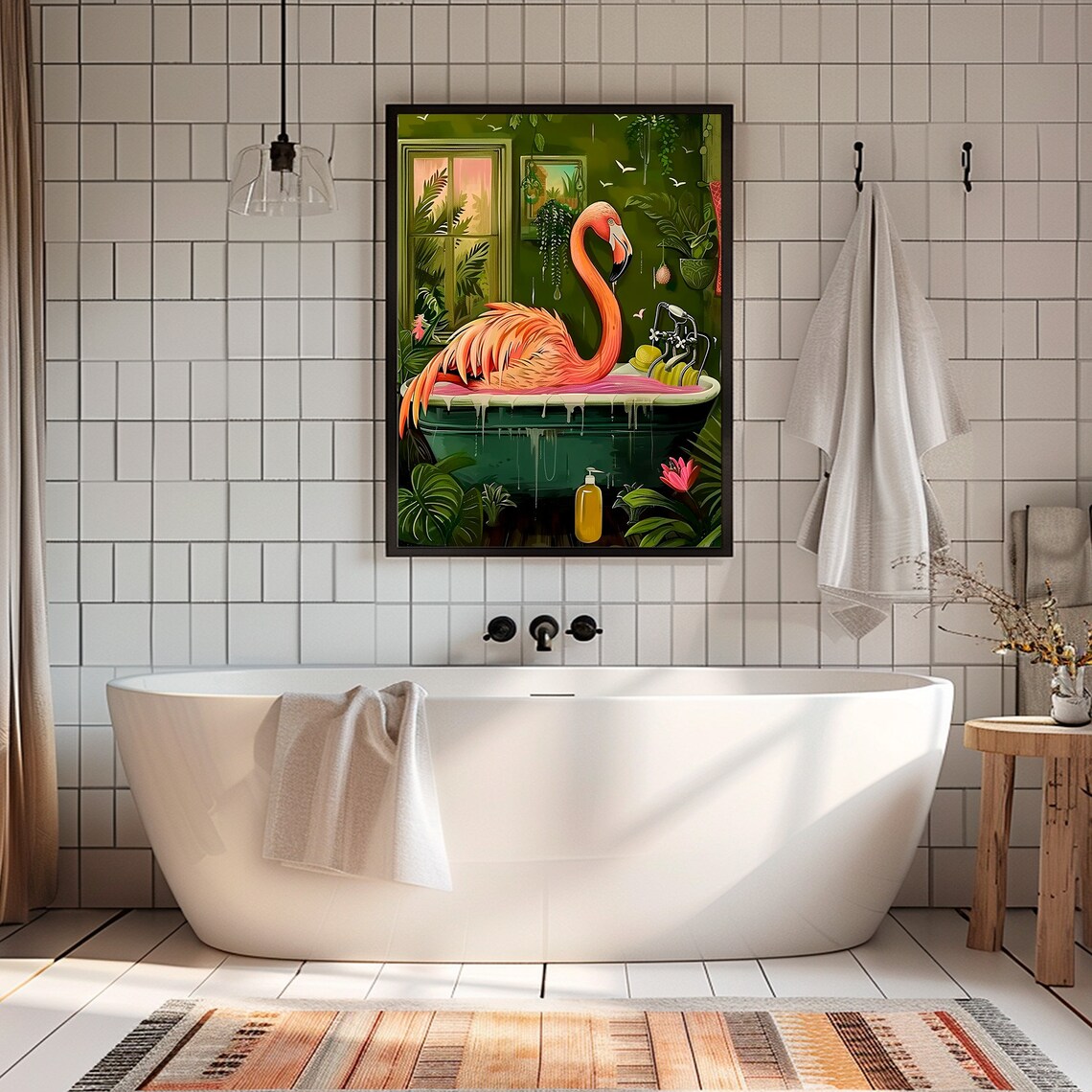 Pink Flamingo Relaxing in Bathtub Tropical Bathroom Animal Print - Image 4