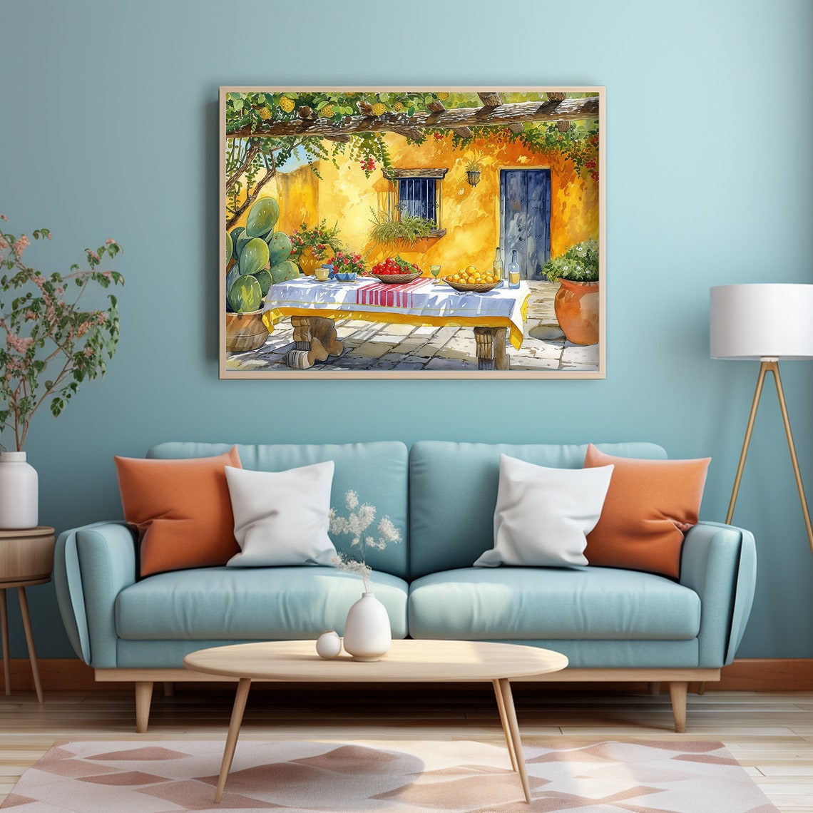 Sunny Mexican Courtyard with Cactus and Fruit Table Watercolor Poster - Image 4
