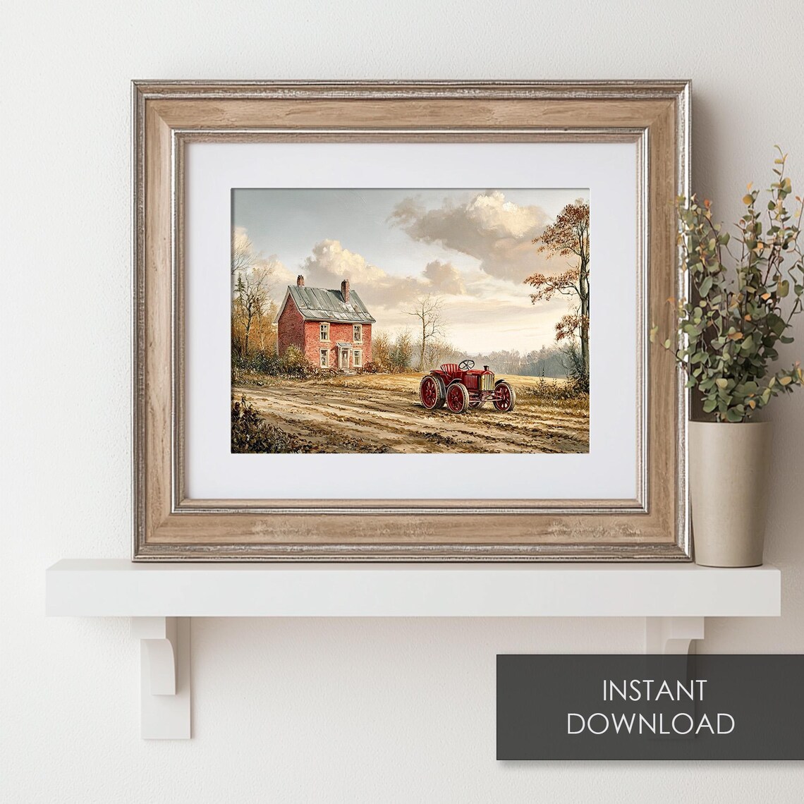 Vintage Red Tractor by Brick Farmhouse Field Country Farm Poster - Image 6