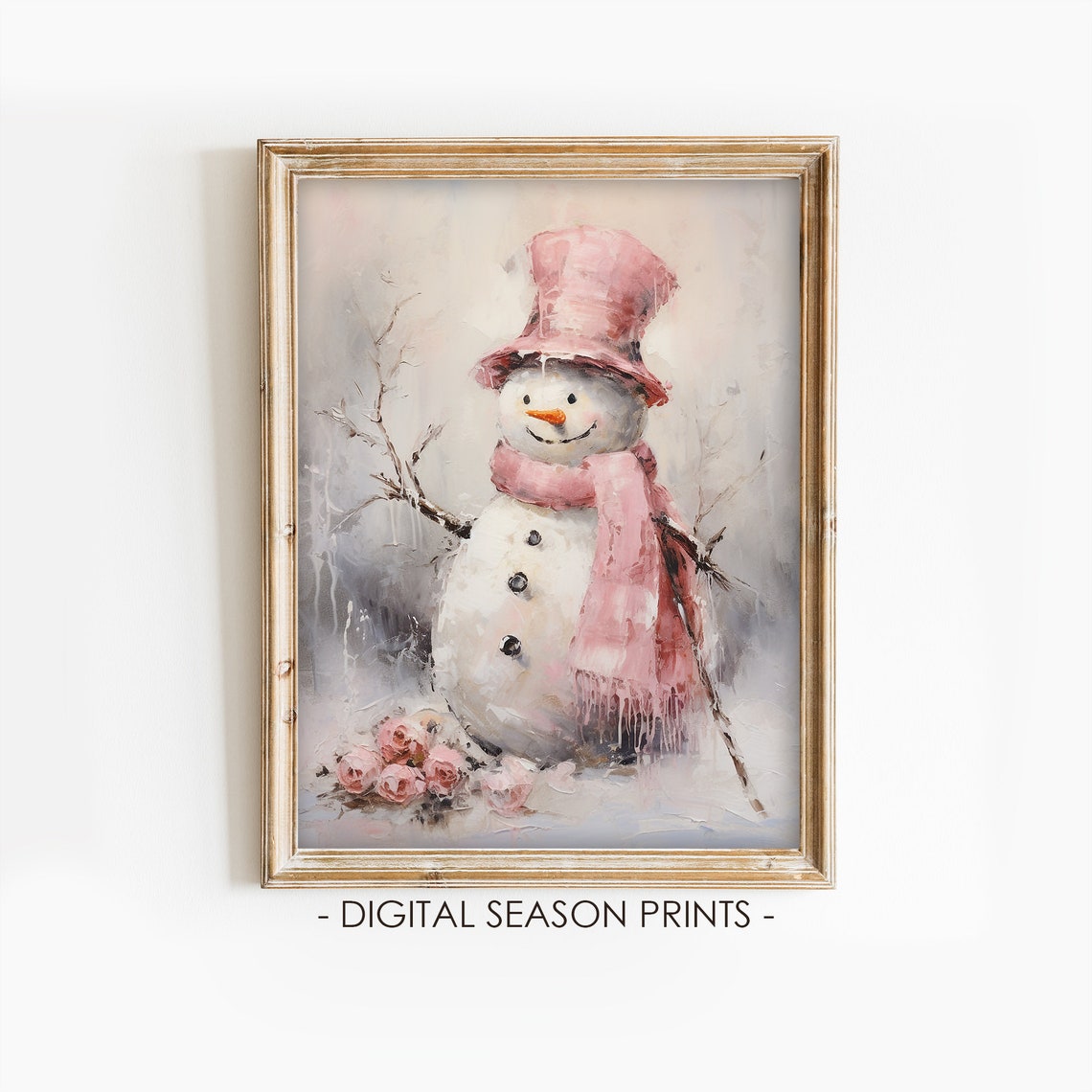 Vintage Pink Snowman with Pink Hat Scarf Roses Holiday Poster