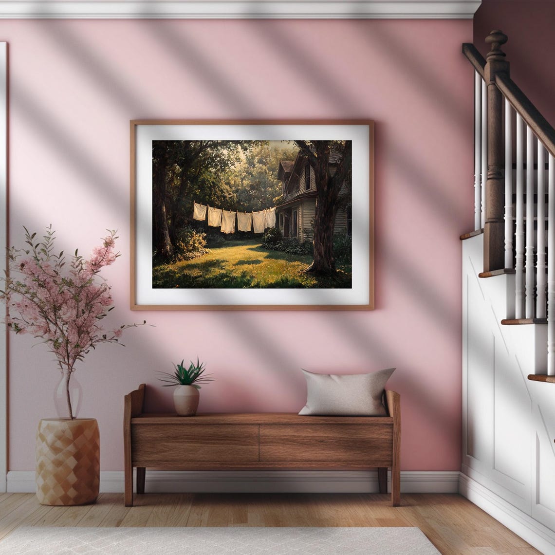 White Linens on a Clothesline Beside a Farmhouse Summer Evening Poster - Image 2