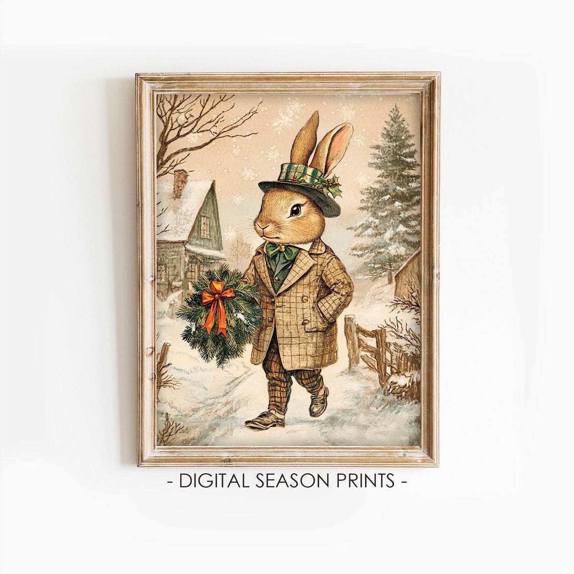 Dapper Christmas Bunny With Wreath In Snowy Village Scene Poster