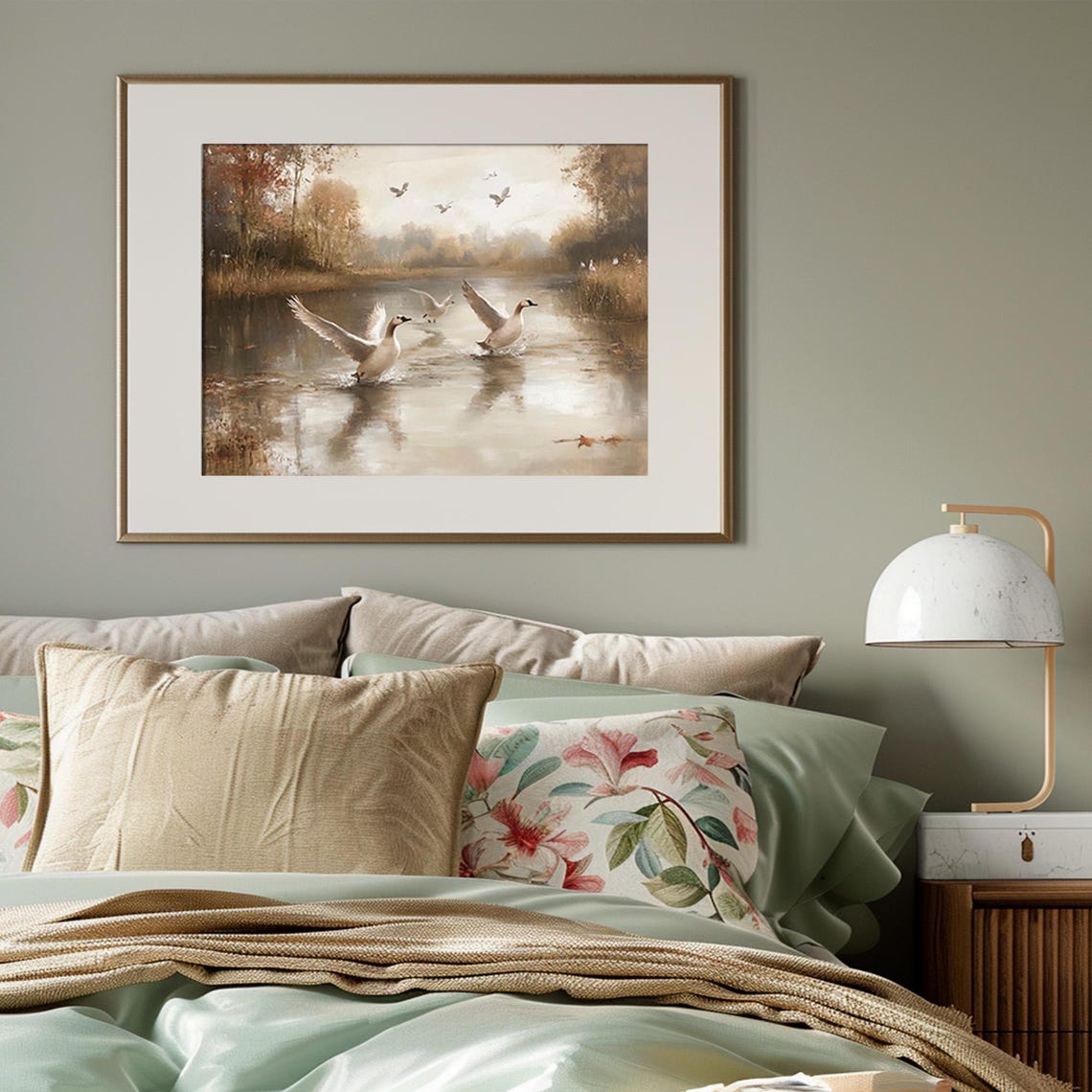 Geese Landing on a Misty Autumn Lake in Vintage Landscape Print - Image 3