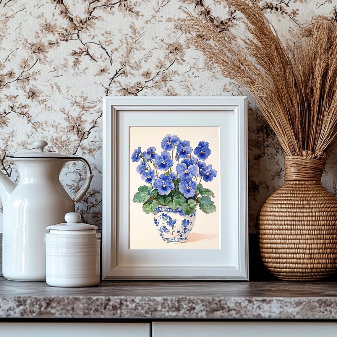 Blue Pansies In A Blue And White Chinoiserie Vase Watercolor Poster - Image 4