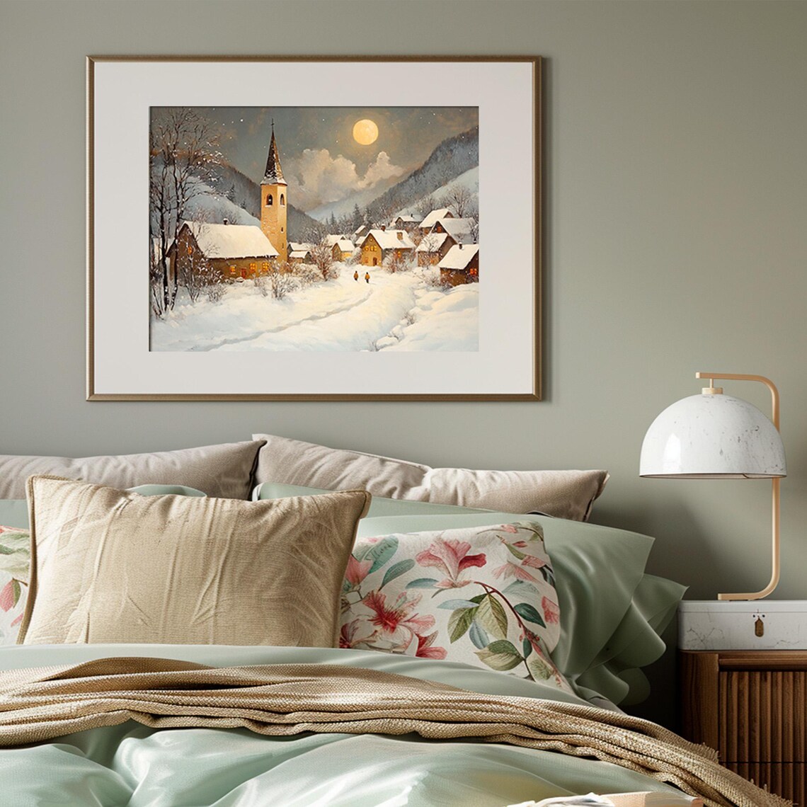 Silent Night Snowy Alpine Village Full Moon Winter Church Poster - Image 3