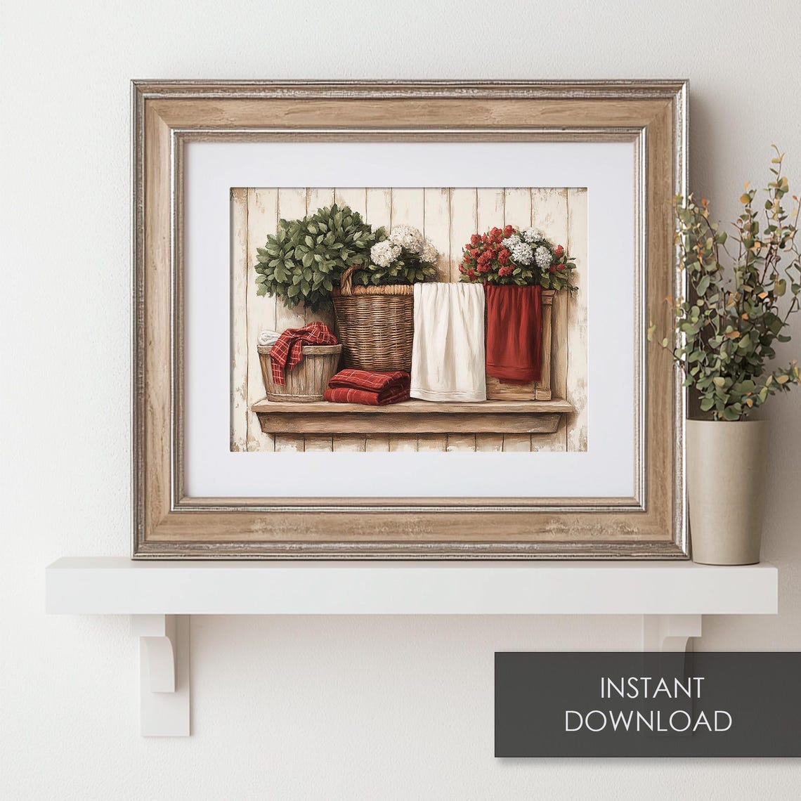 Cozy Laundry Room Baskets Towels Flowers on Farmhouse Shelf Poster - Image 6