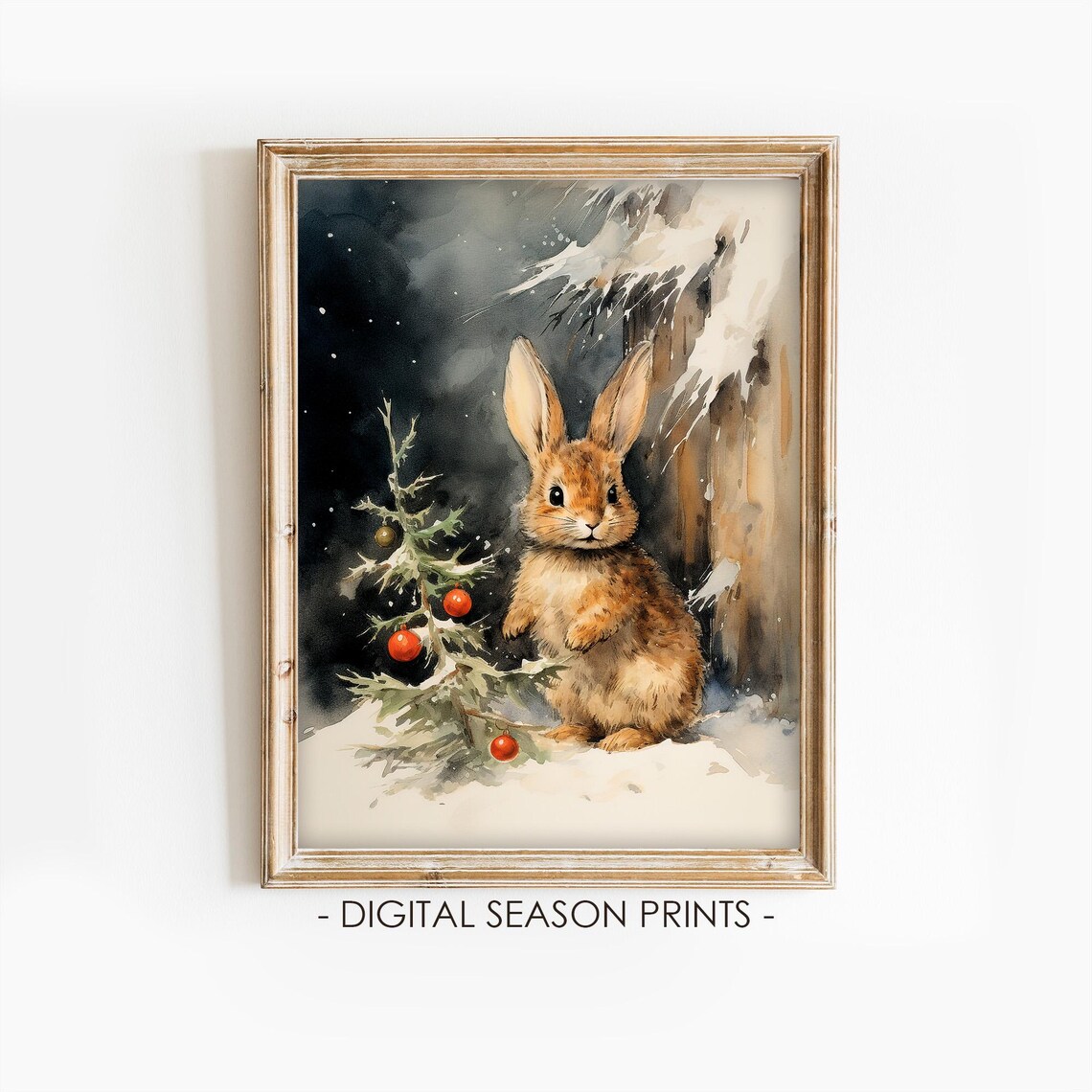 Vintage Christmas Bunny Snowy Night Small Tree Ornaments Poster