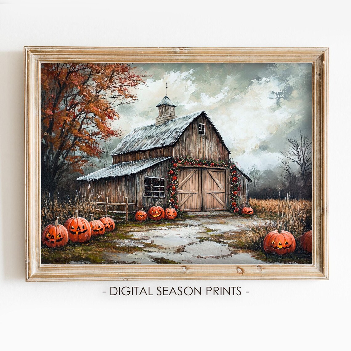 Halloween Barn Jack O Lantern Pumpkins Berry Garland Autumn Night Poster
