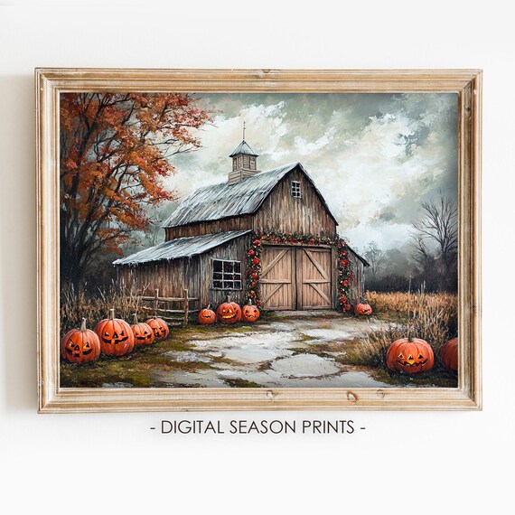Halloween Barn Jack O Lantern Pumpkins Berry Garland Autumn Night Poster