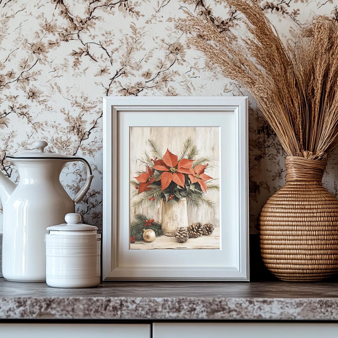 Poinsettia Blooms in a Rustic Pitcher with Pinecones Christmas Poster - Image 4