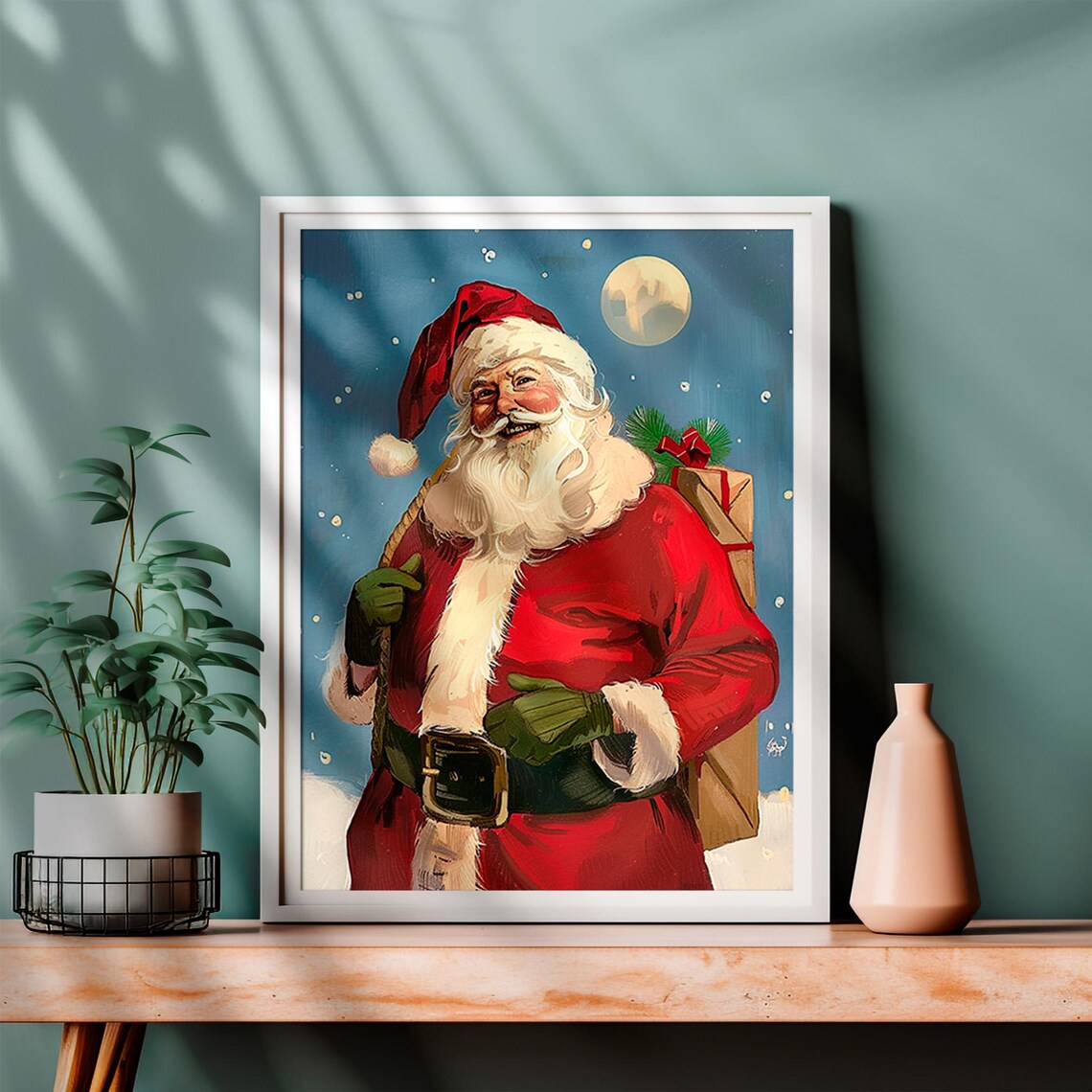 Vintage Santa Claus with Toy Sack Under Moon Snowy Night Poster - Image 2