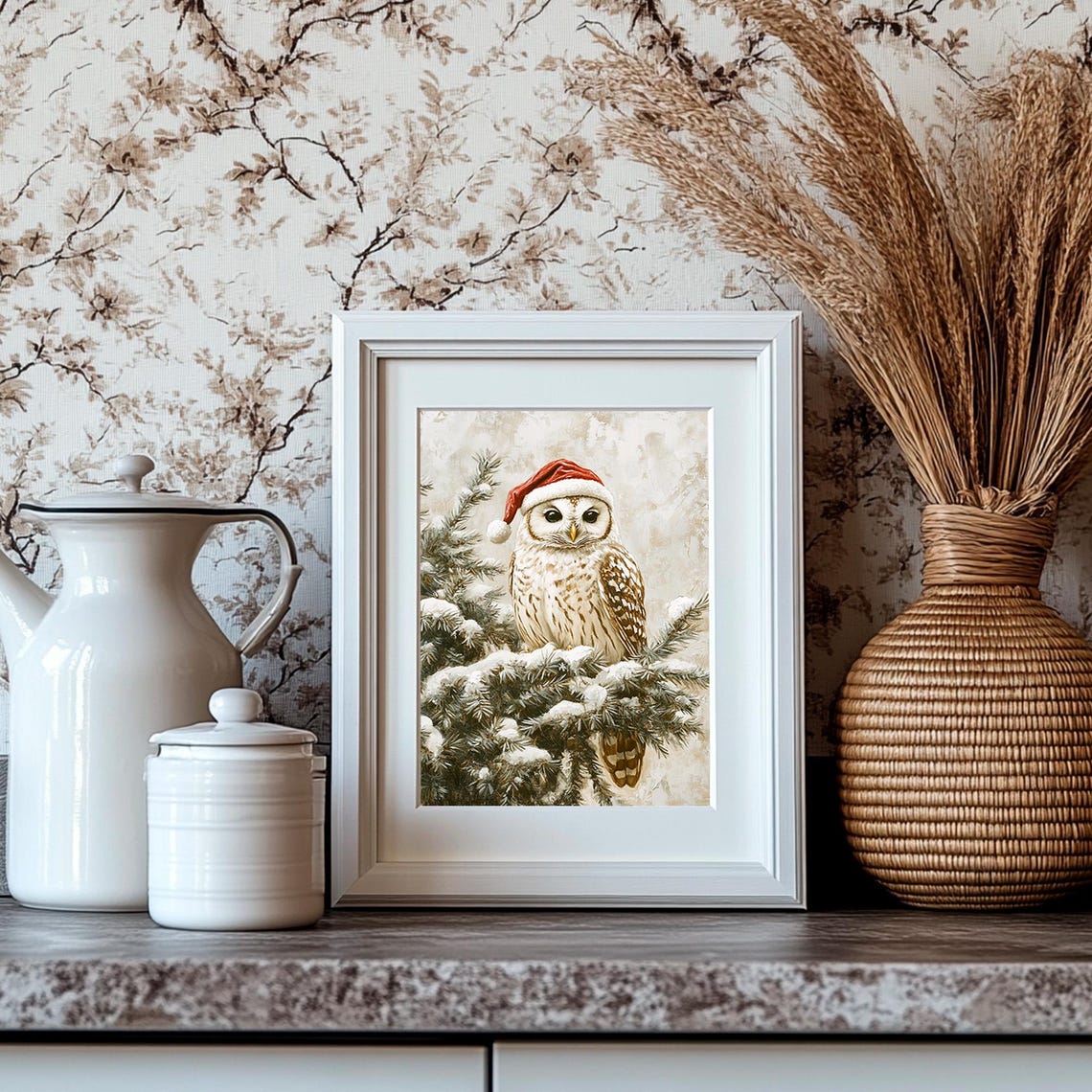 Cute Owl Wearing A Red Santa Hat In A Snowy Pine Tree Poster - Image 4