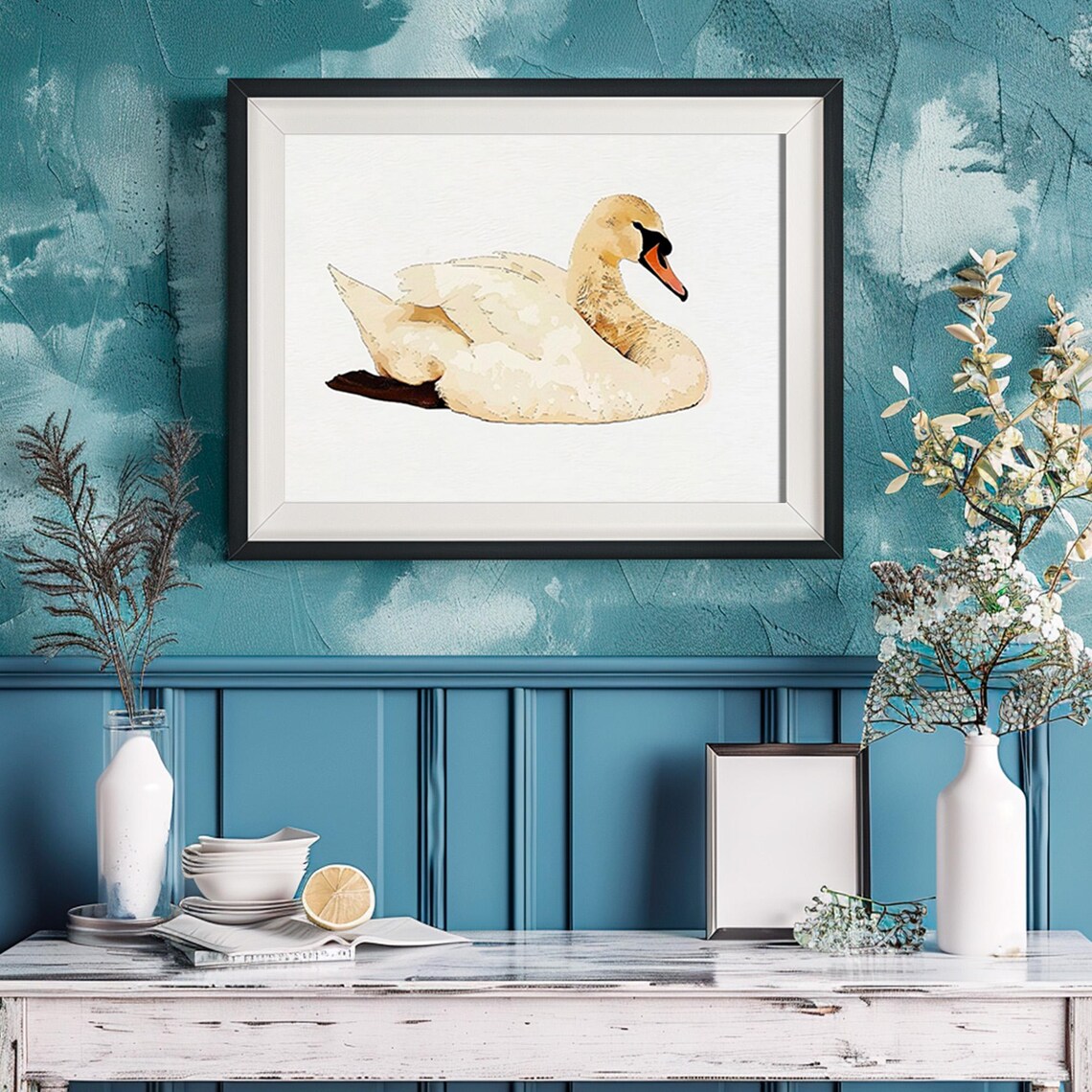 White Swan Minimalist Watercolor Painting Soft Neutral Print - Image 6