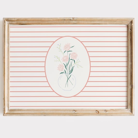Pink Carnation Bouquet Round Vase Striped Minimalist Floral Poster