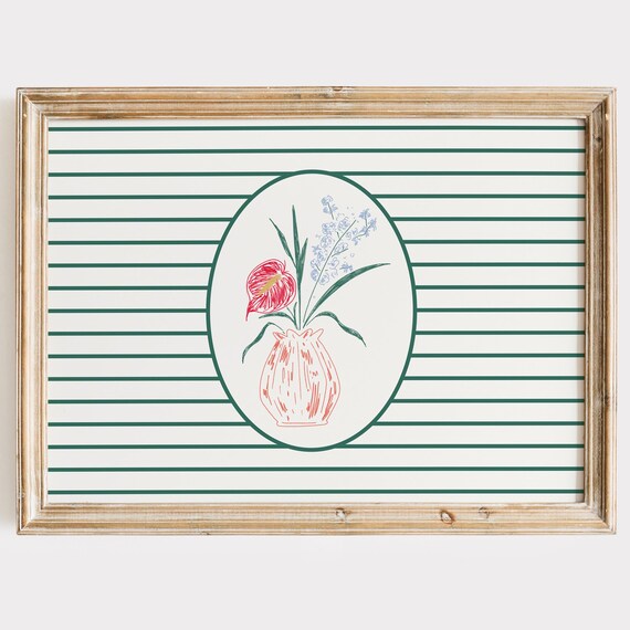 Anthurium Floral Green Striped Graphic Botanical Line Art Poster