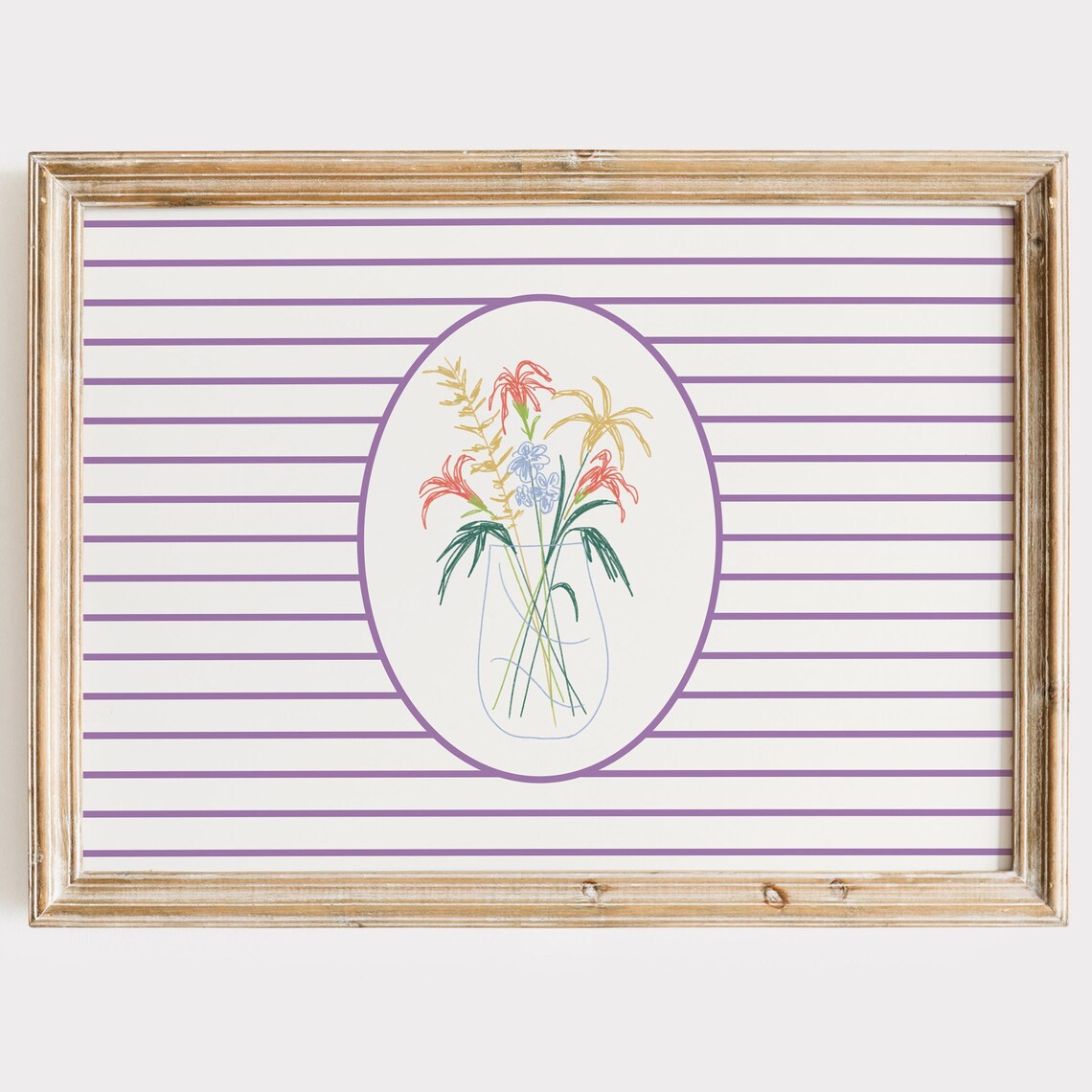 Purple Floral Print Striped Botanical Wall Art