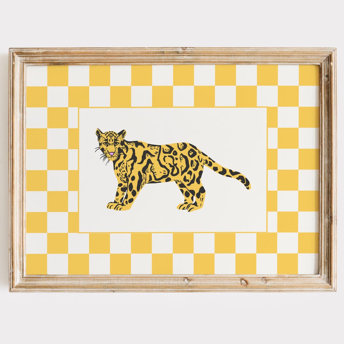 Leopard Big Cat on Bold Yellow Checkerboard Pop Art Style Poster