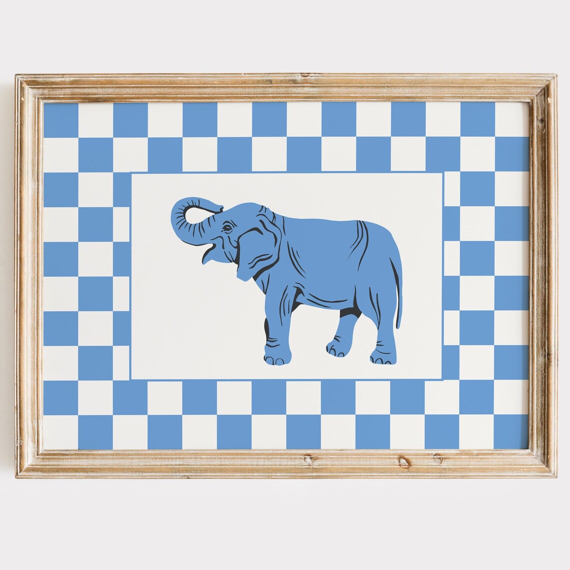 Blue Elephant Checkered Blue White Whimsical Kids Nursery Poster