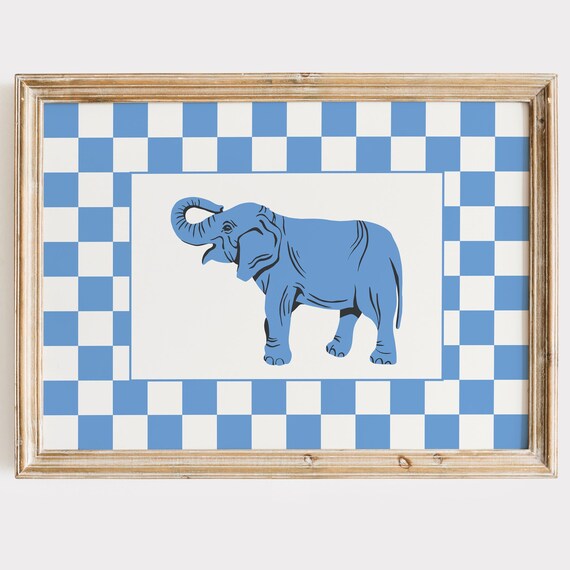 Check Elephant Print Light Blue Preppy Wall Art