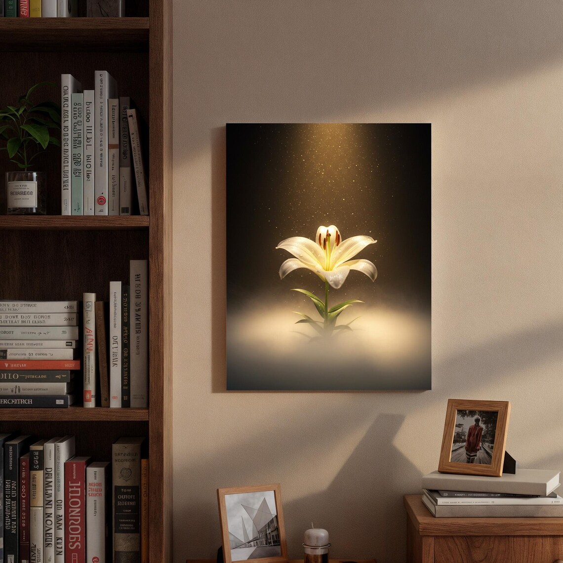White Lily Flower Glowing Under Spotlight Dark Moody Floral Poster - Image 3