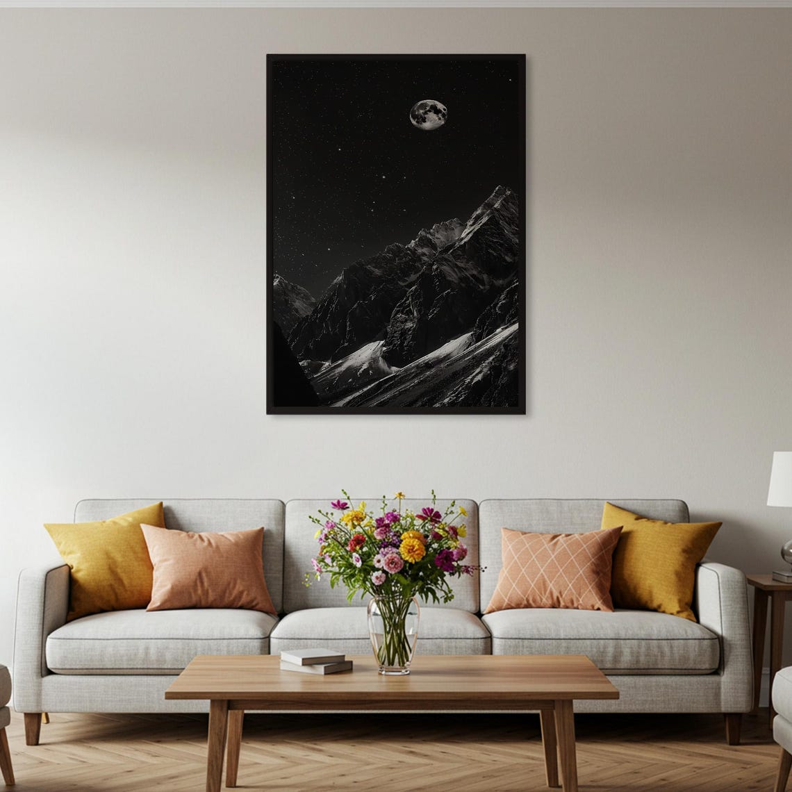 Moonlit Black White Mountain Peaks Starry Night Sky Art Poster - Image 2