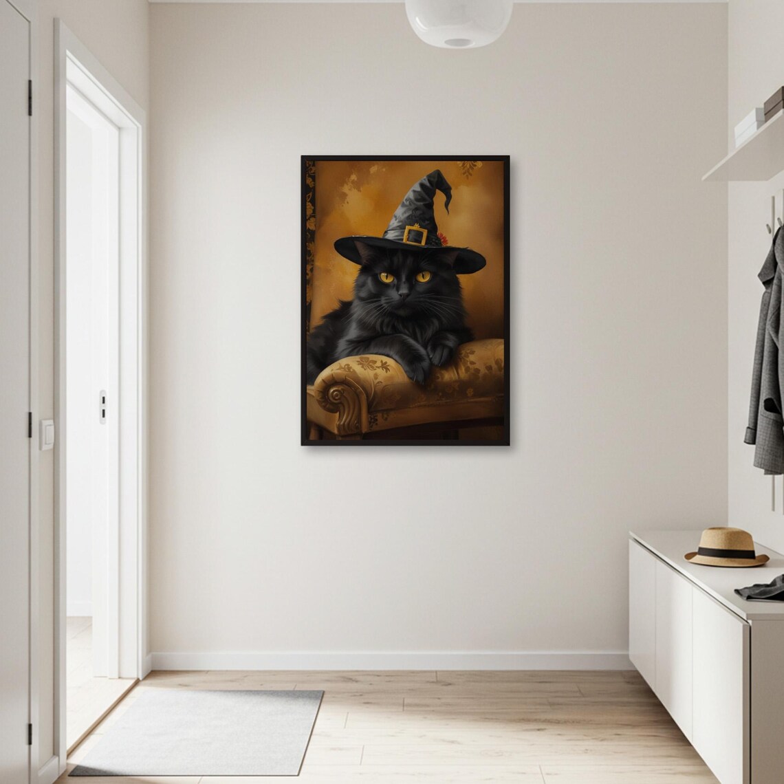 Black Cat Witch Hat, Spooky Halloween Poster Print - Image 2