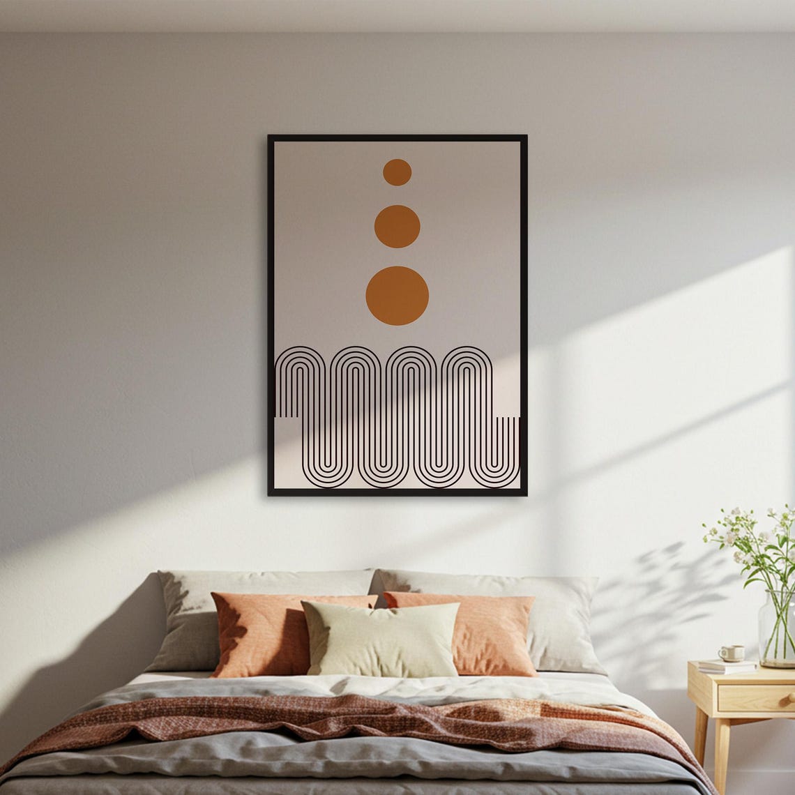 Three Orange Suns over Black Arches Mid Century Geometric Poster