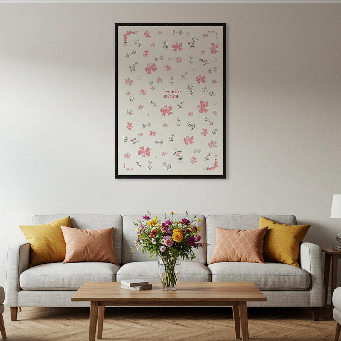Live In The Moment Pink Bows Floral Pattern Coquette Quote Poster - Image 2