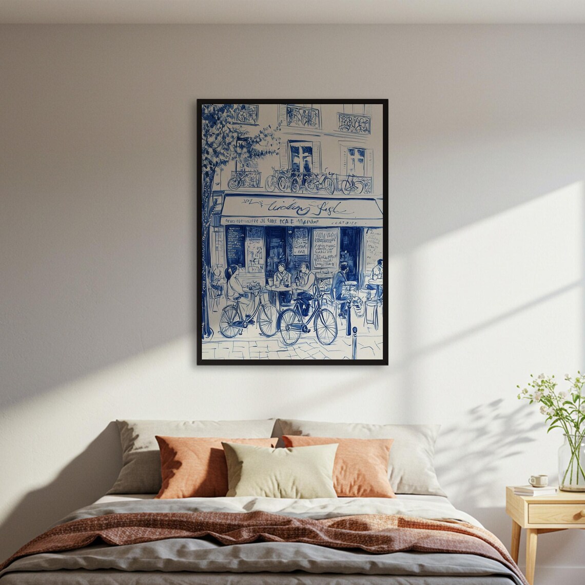 Paris Cafe Street Blue Ink Sketch Bicycles European Travel Poster