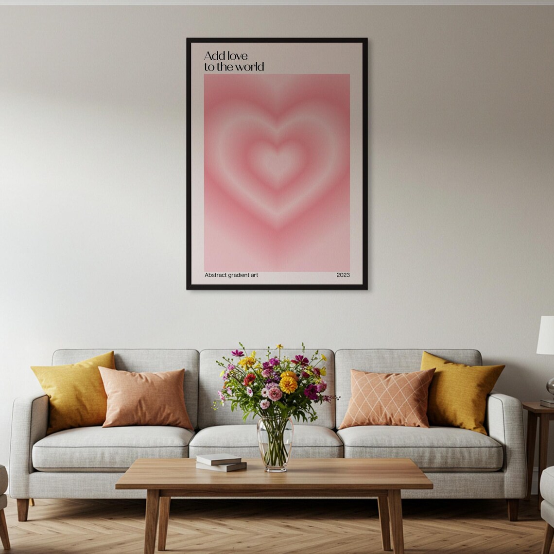Add Love To The World Pink Gradient Heart Abstract Quote Wall Art - Image 2