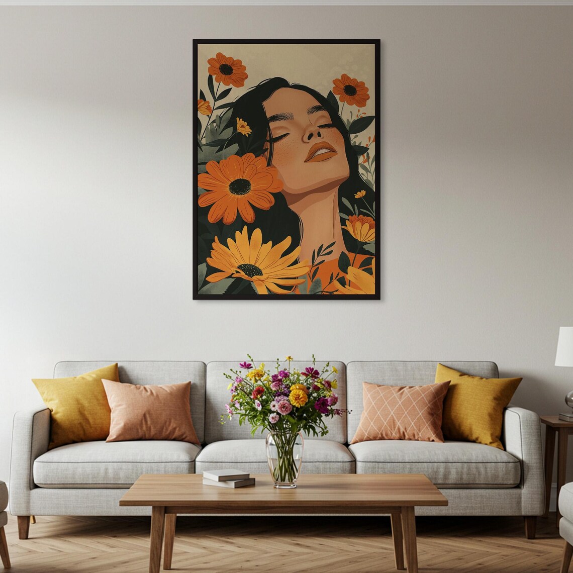 Serene Woman among Orange Flowers Botanical Illustration Poster - Image 2