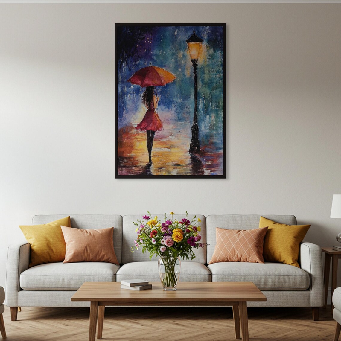 Woman Red Umbrella Rainy Night City Lamp Moody Romantic Oil Poster - Image 2
