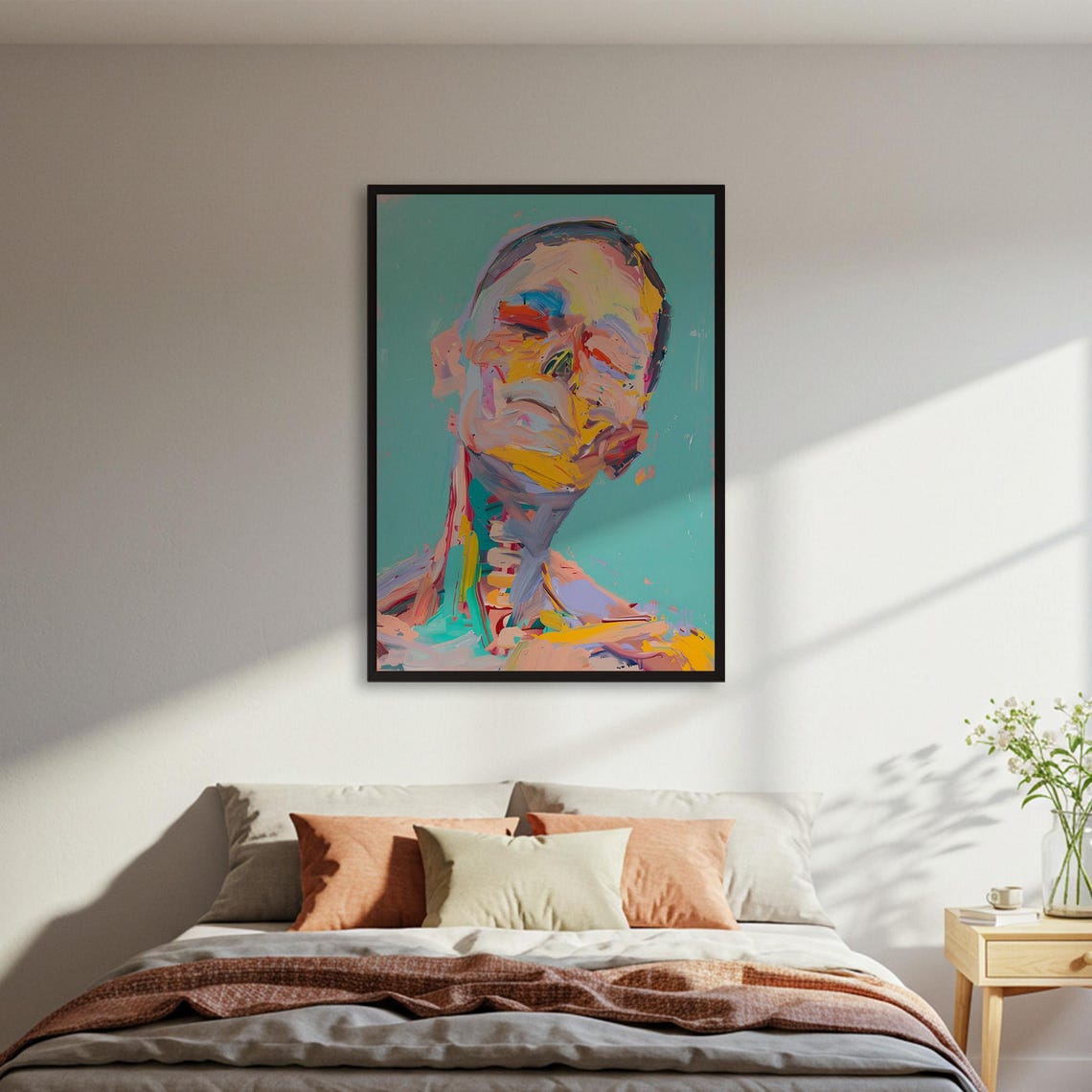 Abstract Colorful Portrait Impasto Brushwork Teal Background Poster