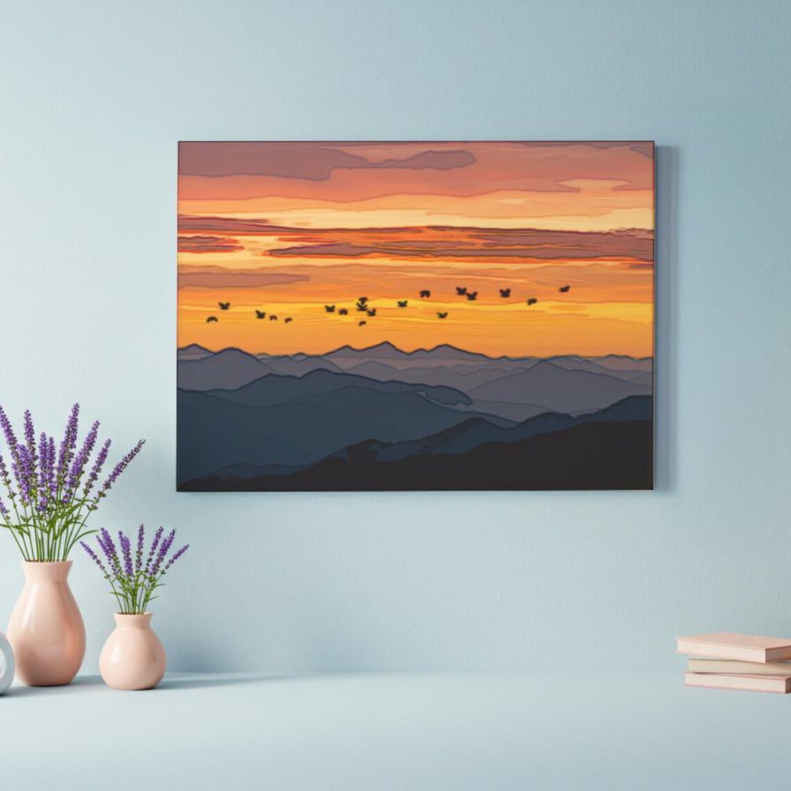 Mountain Sunset Flock of Birds Orange Sky Layered Ridge Poster - Image 3