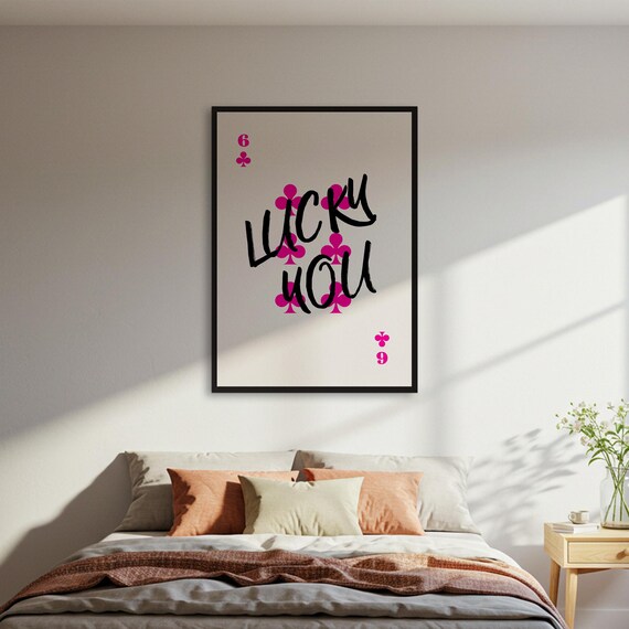 Lucky You Playing Card Poster Pink Six of Clubs Trendy Modern Graphic Decor