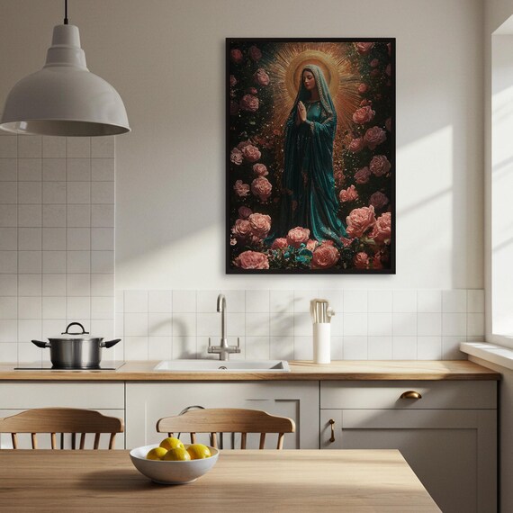 Virgin Mary Roses Catholic Madonna Golden Halo Prayer Spiritual Print