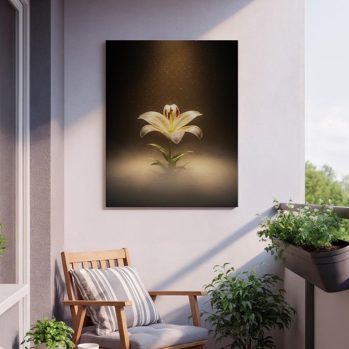 White Lily Flower Glowing Under Spotlight Dark Moody Floral Poster - Image 2
