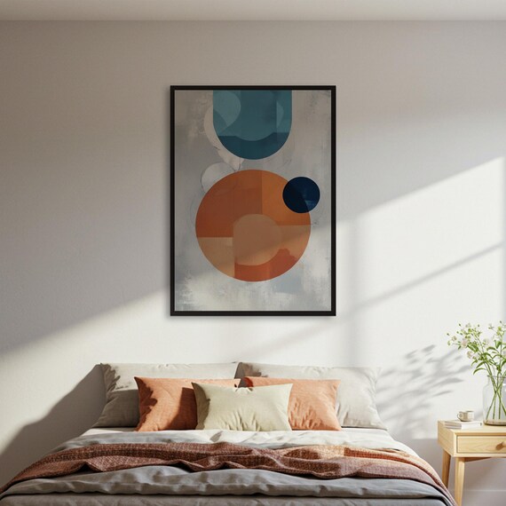 Modern Circle Shapes Art Poster Print Minimalist Decor Abstract Geometric Teal Orange Blue Wall