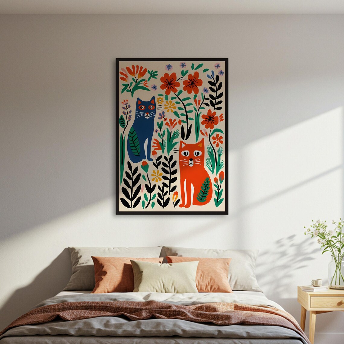 Two Folk Art Cats Colorful Flowers Botanical Whimsical Cat Lover Poster