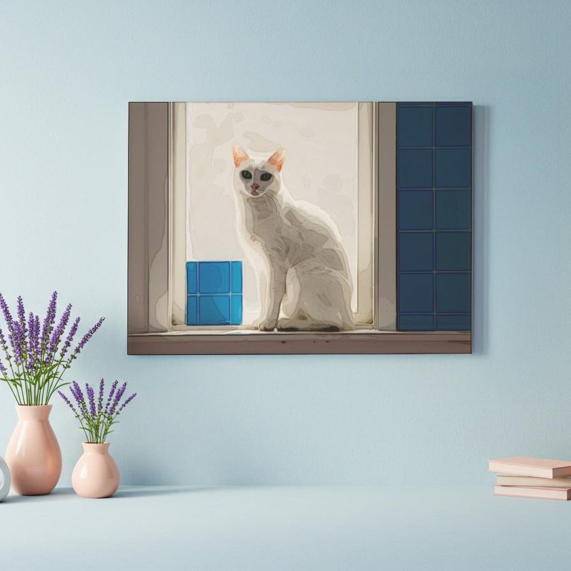 Sunlit White Cat Sitting at Window Blue Tile Minimalist Poster - Image 3