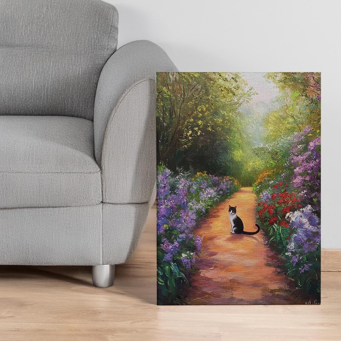 Black And White Cat On Flower Garden Path Whimsical Art Poster
