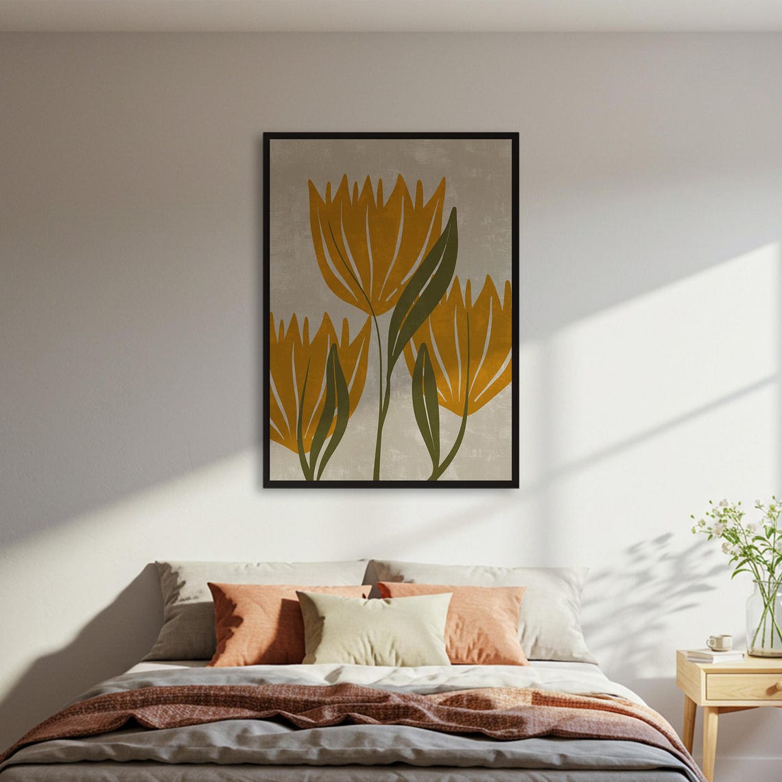 Mustard Yellow Abstract Flowers Modern Botanical Beige Poster