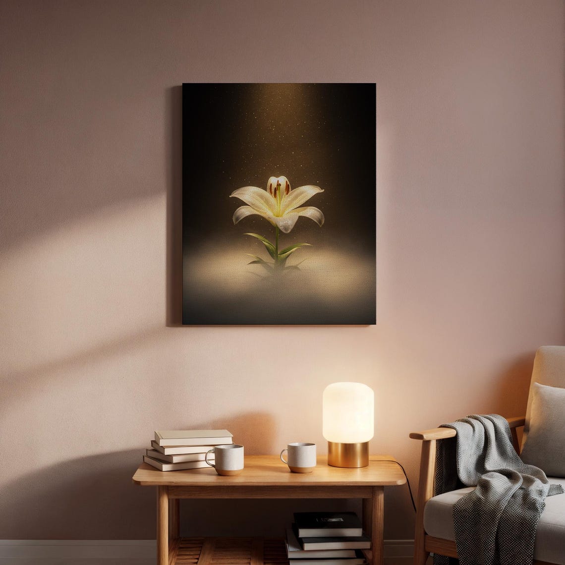 White Lily Flower Glowing Under Spotlight Dark Moody Floral Poster - Image 5
