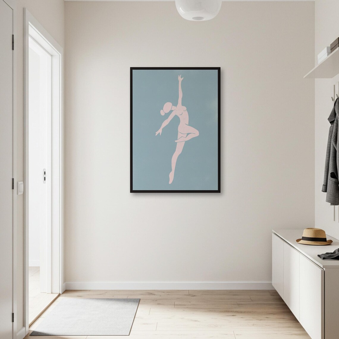 Minimalist Ballet Dancer Silhouette Leaping on Dusty Blue Modern Art Poster - Image 2