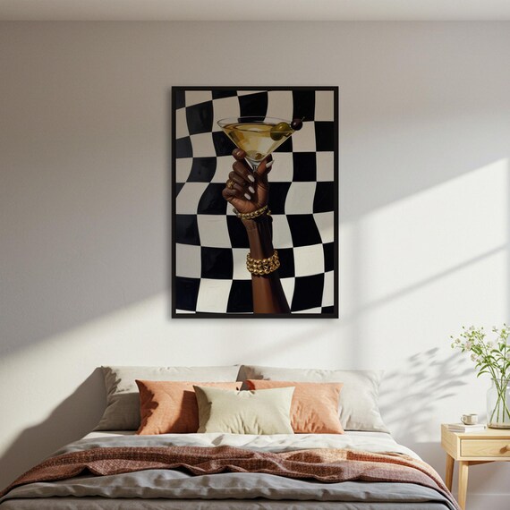 Martini Hand Checkerboard Cocktail Gold Bracelet Chic Bar Art Poster