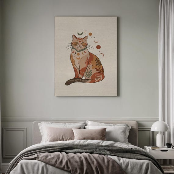 Mystical Cat Design Bohemian Feline Display Abstract Animal Artwork Sun Moon Feature Framed Pet Accent Cosmic Tranquility Mood