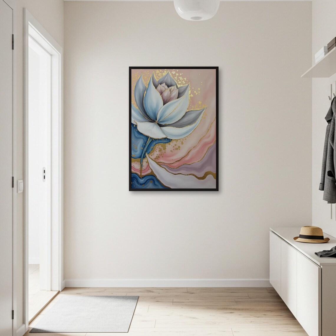 Blue Lotus Flower with Gold Accents on Pink Marble Floral Poster - Image 3