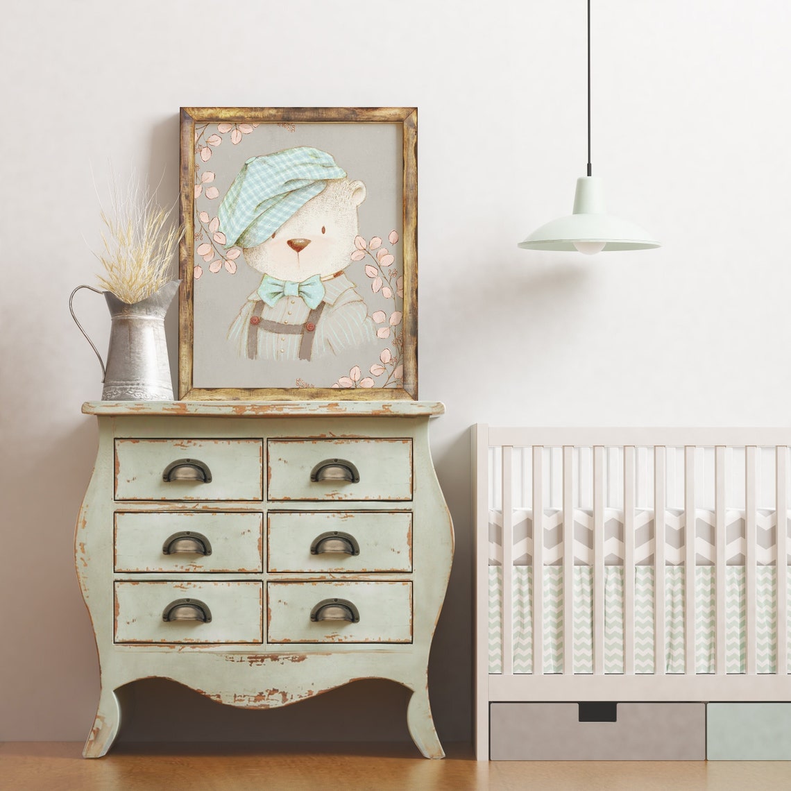 Cute Teddy Bear Flat Cap Bow Tie Pastel Nursery Animal Art Poster