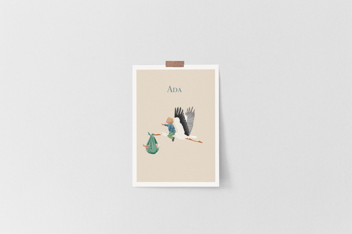 Personalized Stork Birth Announcement Portrait for Baby Ada Poster - Image 4