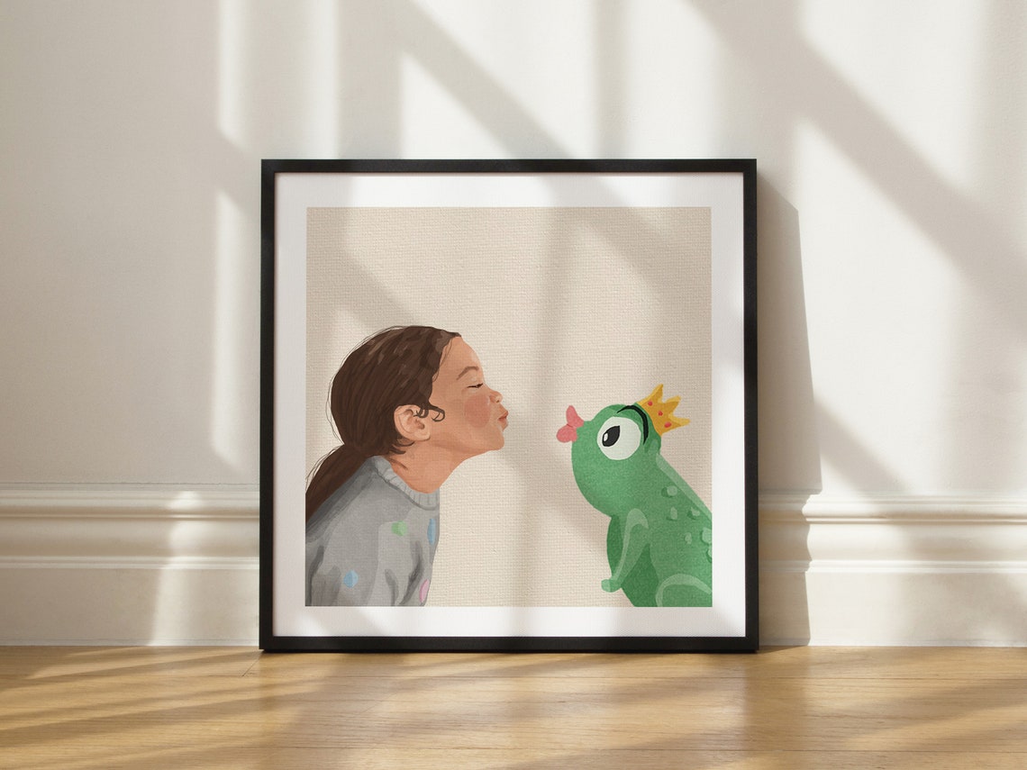 Child About to Kiss a Tiny Crowned Toy Frog Whimsical Poster - Image 4